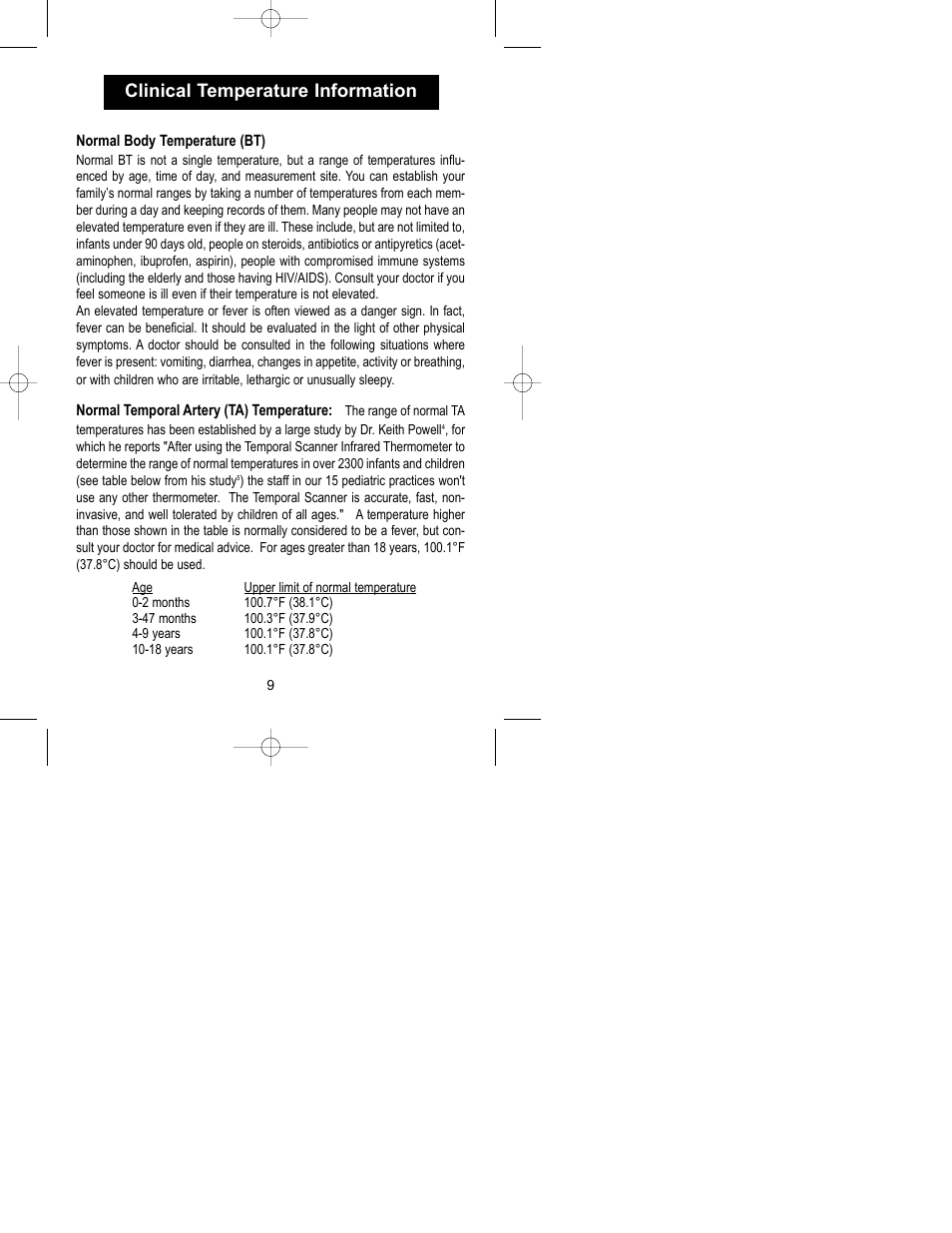 Clinical temperature information | Exergen Temporal Scanner 2000C User Manual | Page 9 / 16