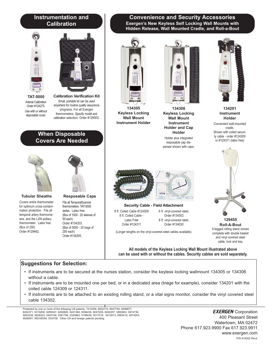 Convenience and security accessories, When disposable covers are needed, Instrumentation and calibration | Suggestions for selection | Exergen Instant Thermometry User Manual | Page 2 / 2