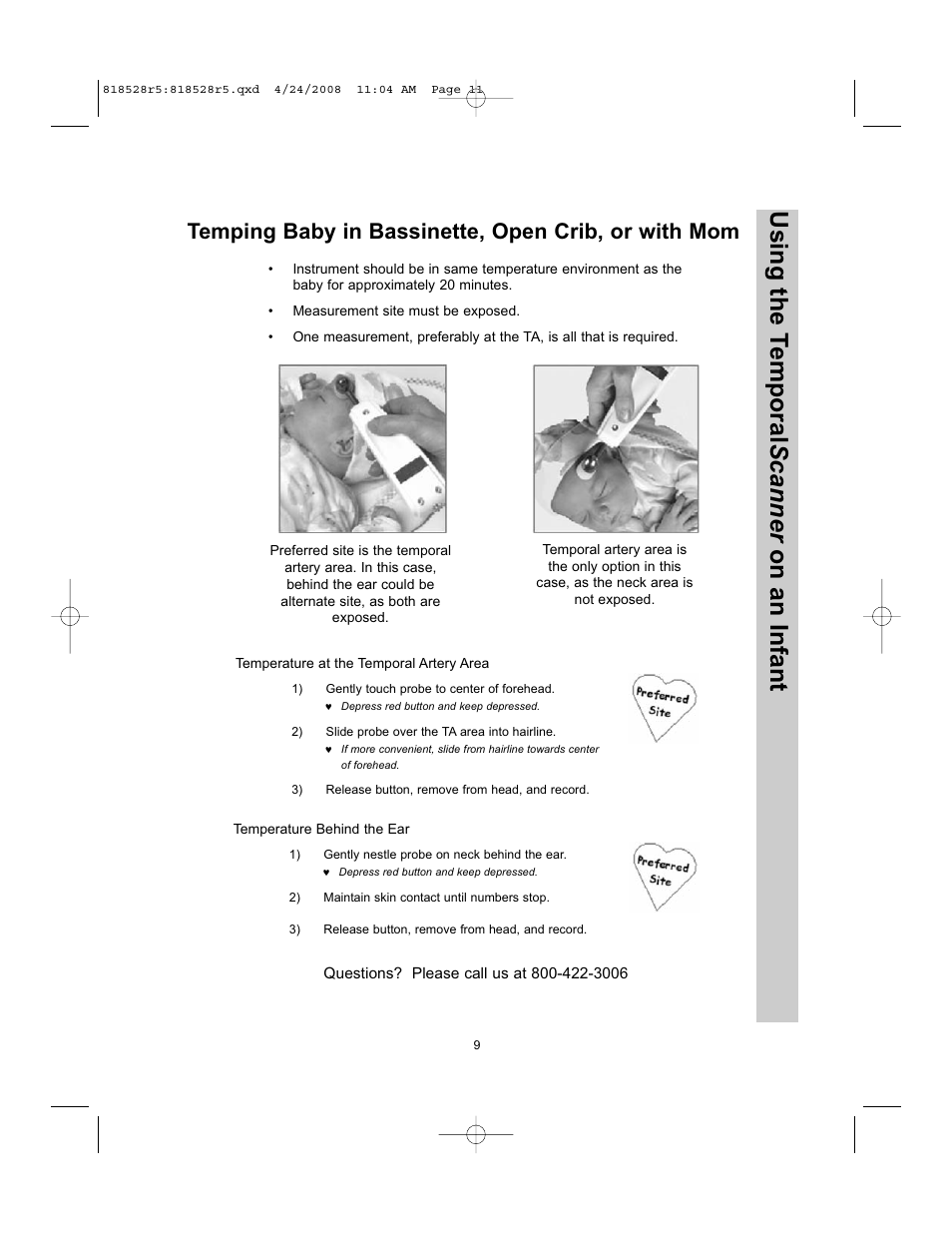 Using the t emporal scanner on an infant, Temping baby in bassinette, open crib, or with mom | Exergen TEMPORALSCANNER TAT-5000 User Manual | Page 11 / 32