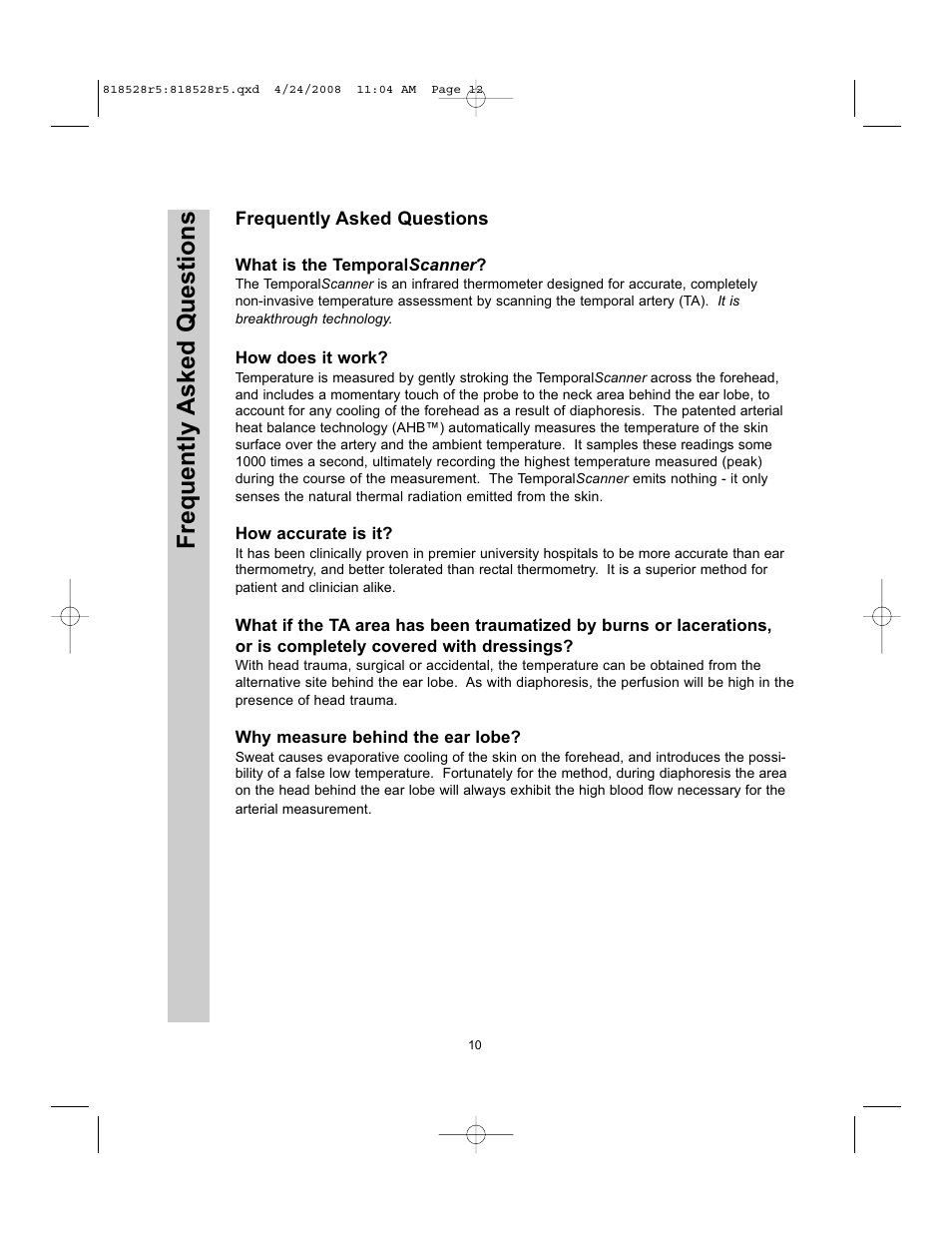 Frequently asked questions | Exergen TEMPORALSCANNER TAT-5000 User Manual | Page 12 / 32