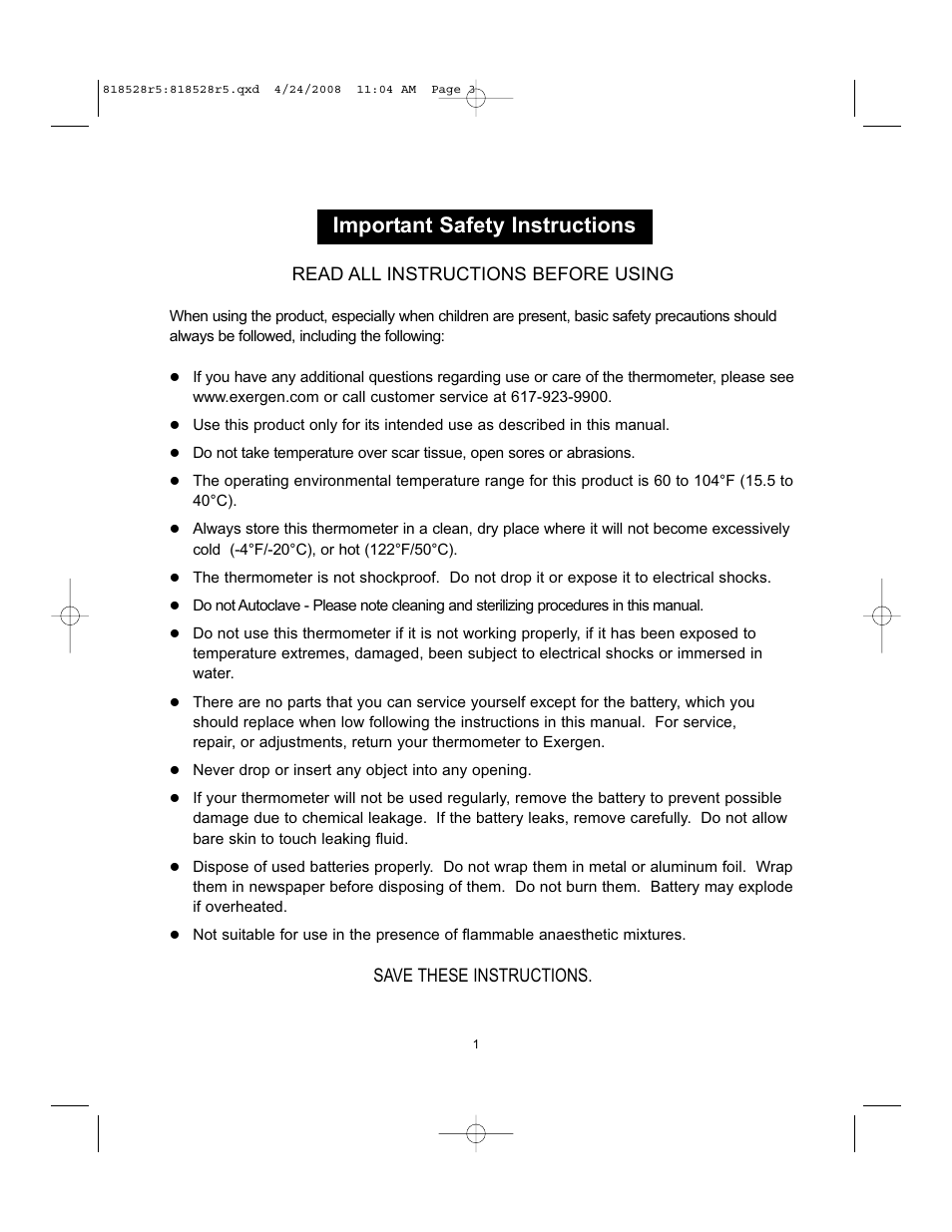 Important safety instructions | Exergen TEMPORALSCANNER TAT-5000 User Manual | Page 3 / 32