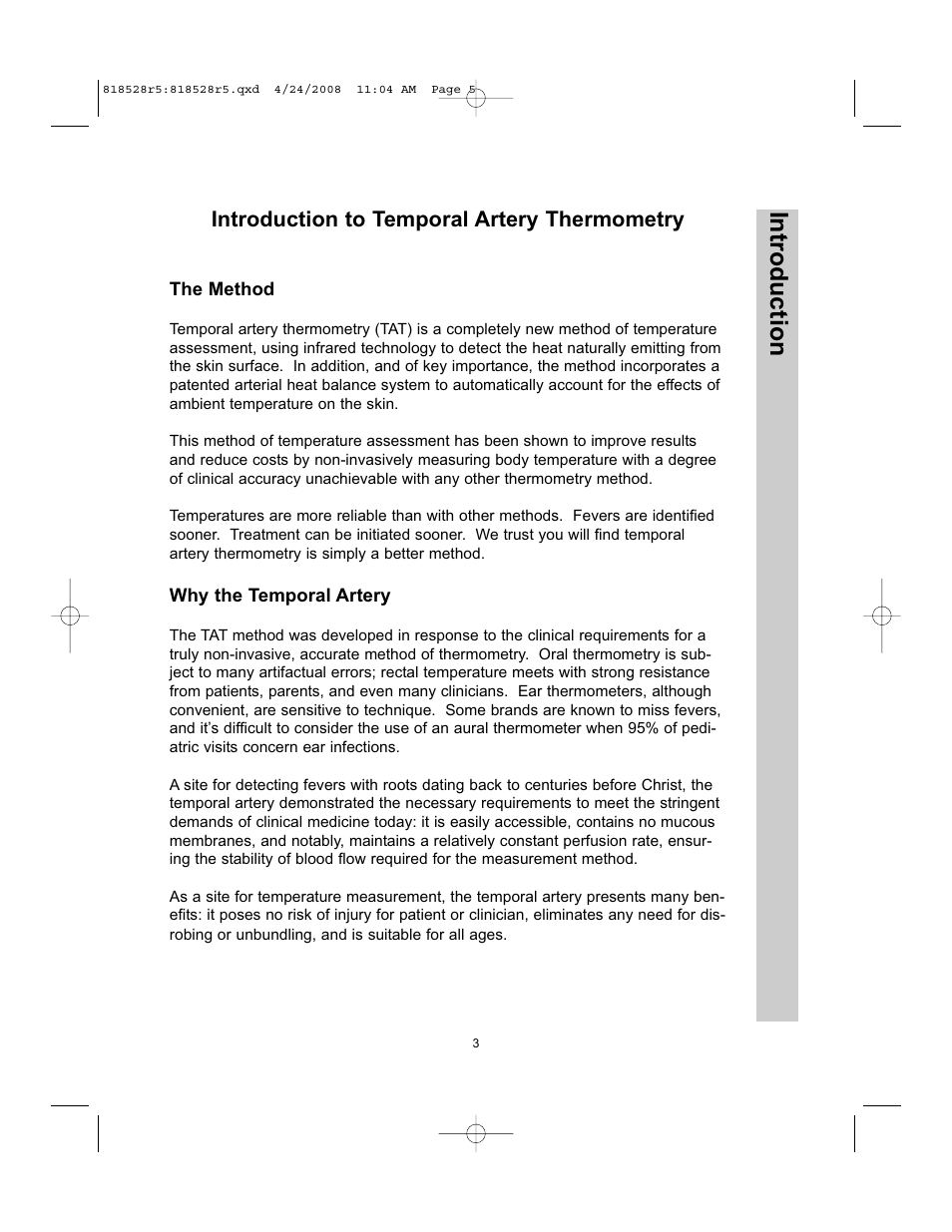 Introduction, Introduction to temporal artery thermometry | Exergen TEMPORALSCANNER TAT-5000 User Manual | Page 5 / 32