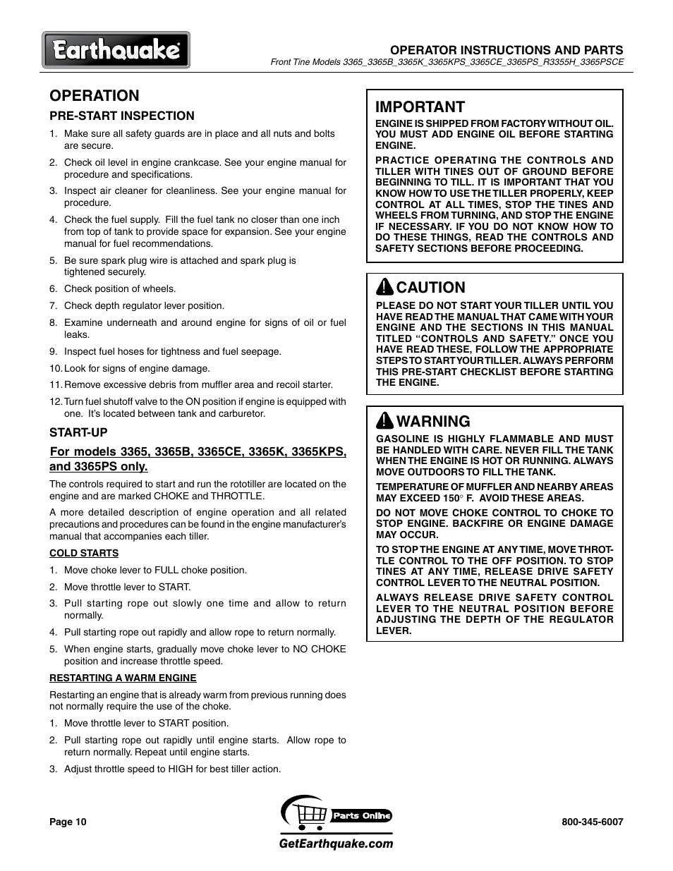 Operation, Important, Caution | Warning | EarthQuake 3365PSCE User Manual | Page 10 / 28