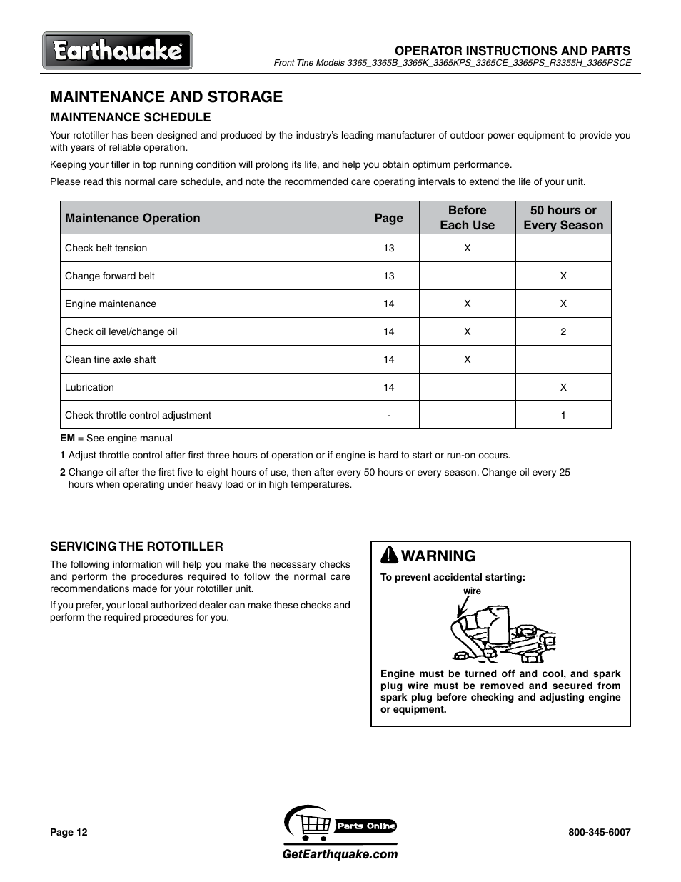 Maintenance and storage, Warning | EarthQuake 3365PSCE User Manual | Page 12 / 28