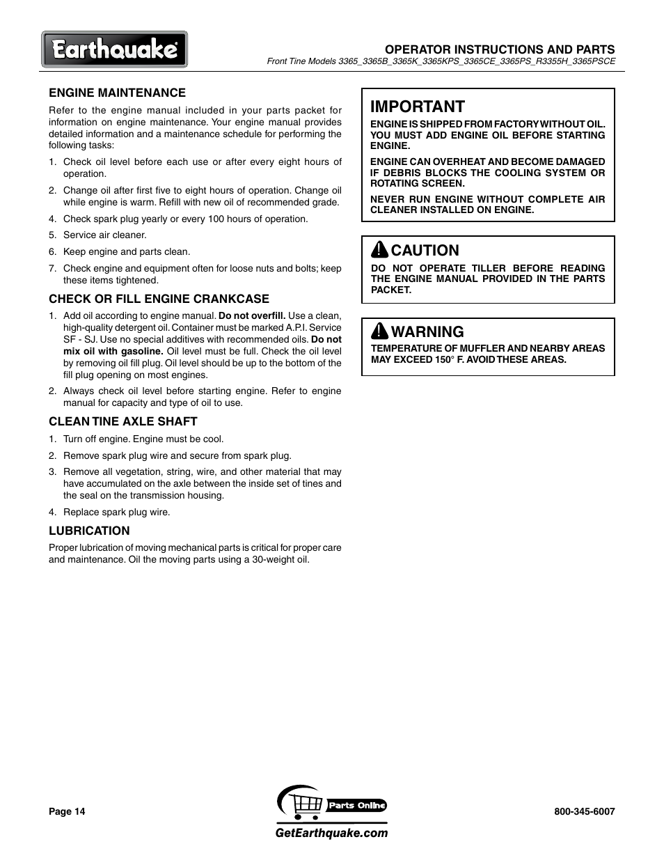 Important, Caution, Warning | EarthQuake 3365PSCE User Manual | Page 14 / 28