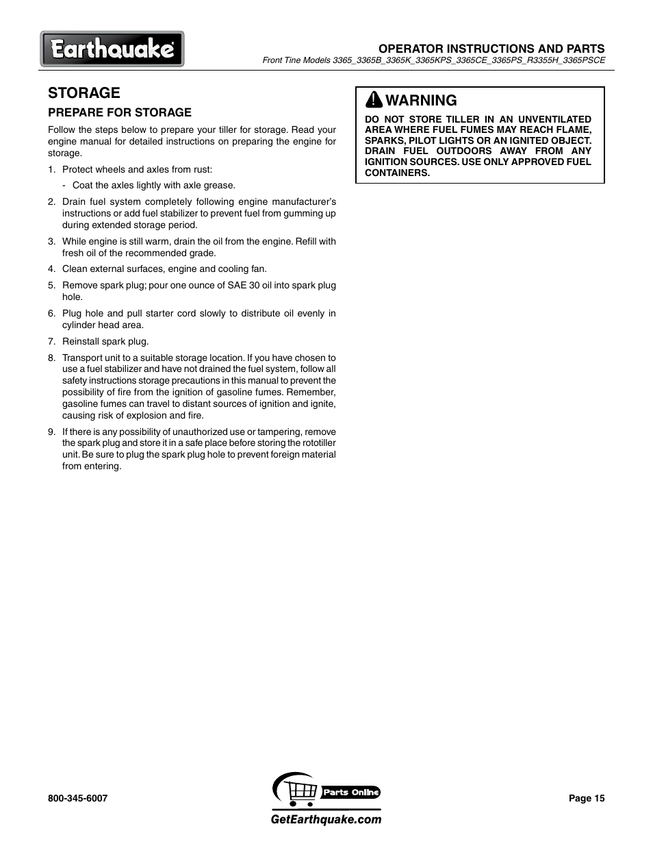 Storage, Warning | EarthQuake 3365PSCE User Manual | Page 15 / 28