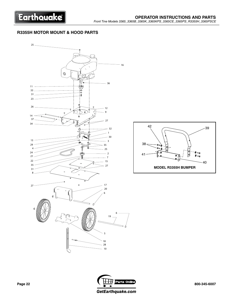 Operator instructions and parts, R55h motor mount & hood parts | EarthQuake 3365PSCE User Manual | Page 22 / 28