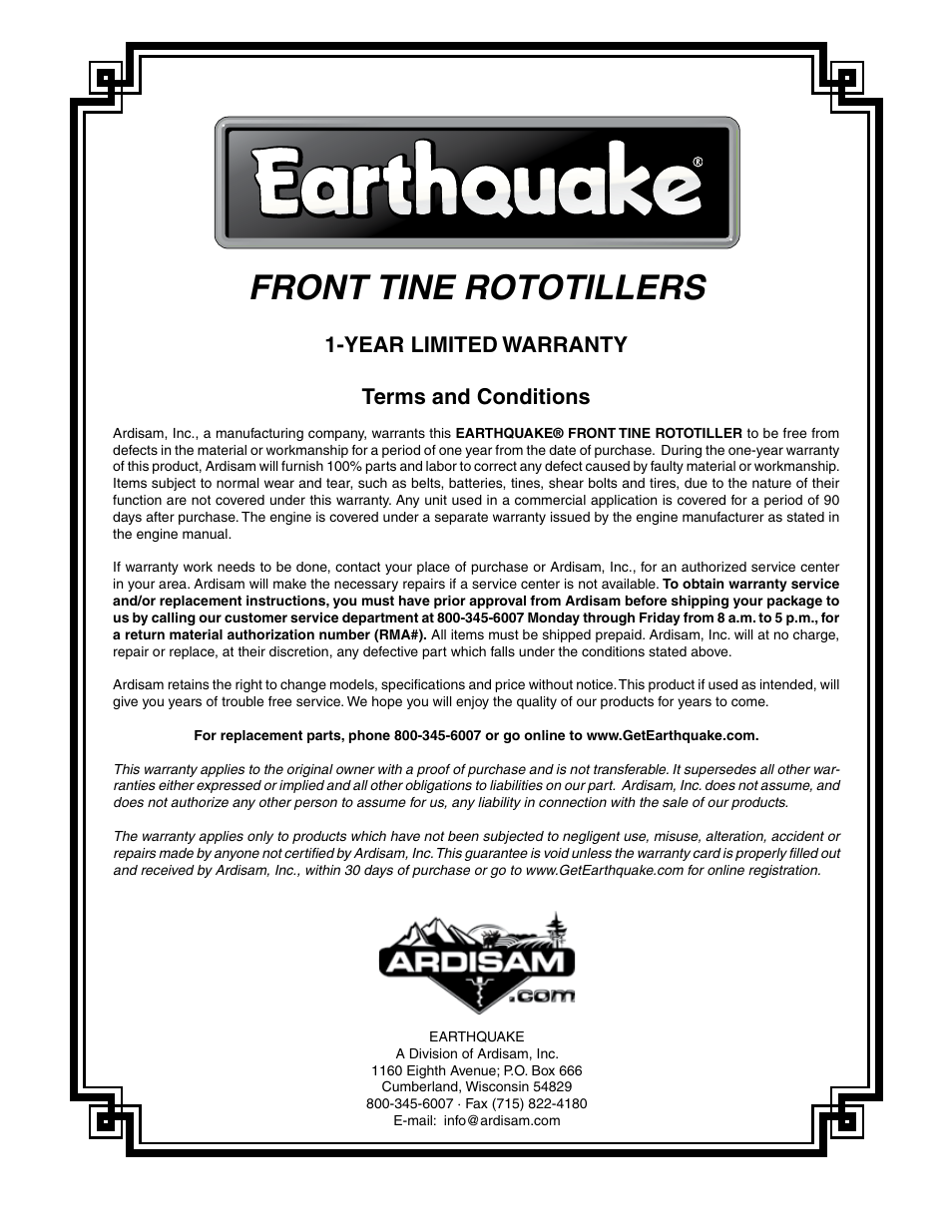 Front tine rototillers, Year limited warranty terms and conditions | EarthQuake 3365PSCE User Manual | Page 25 / 28