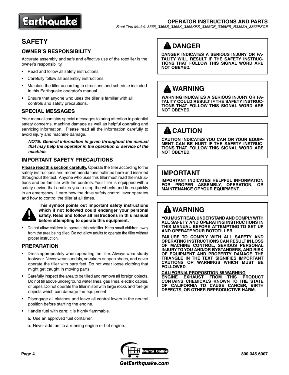 Safety, Caution, Warning | Danger, Important | EarthQuake 3365PSCE User Manual | Page 4 / 28