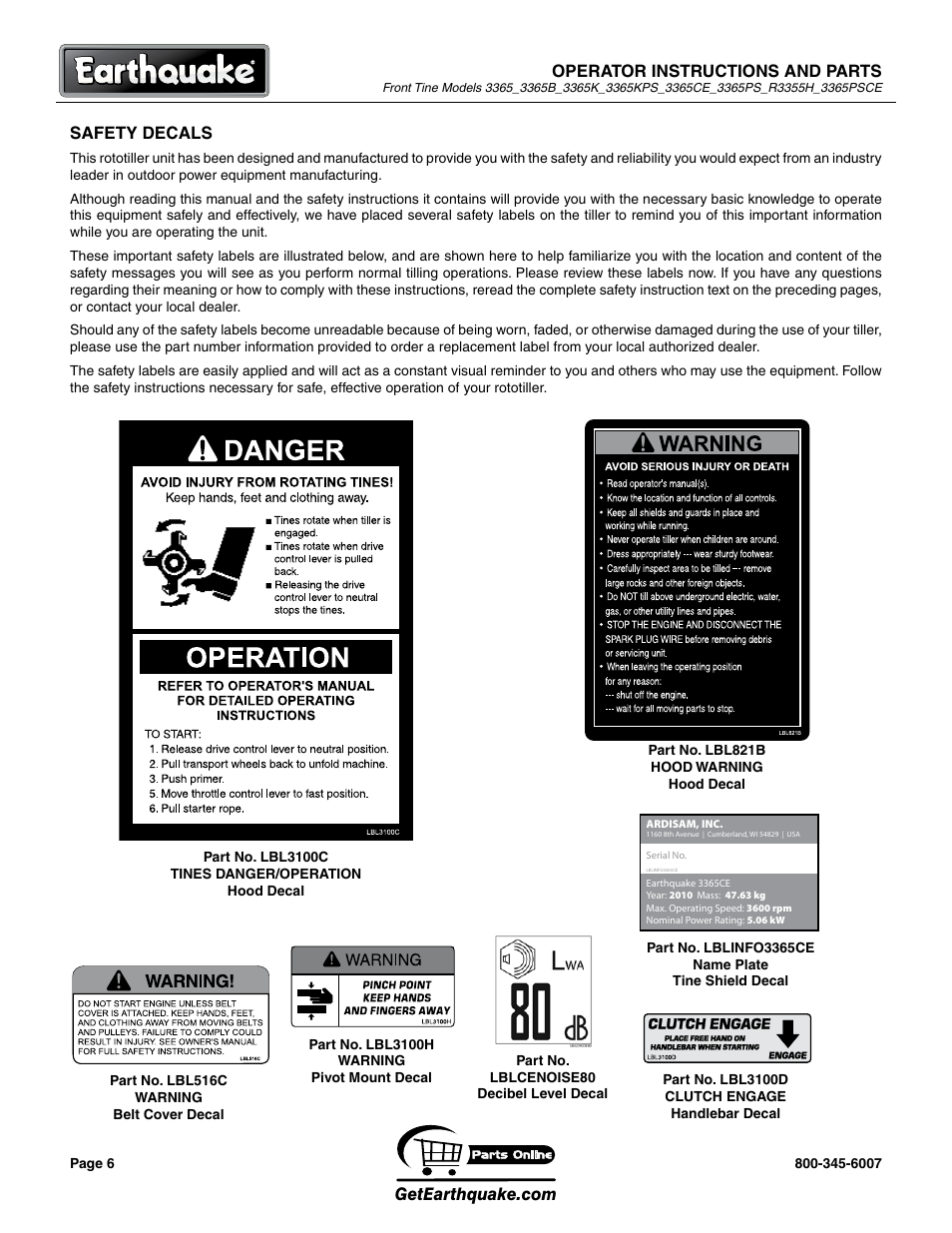 Operator instructions and parts, Safety decals | EarthQuake 3365PSCE User Manual | Page 6 / 28