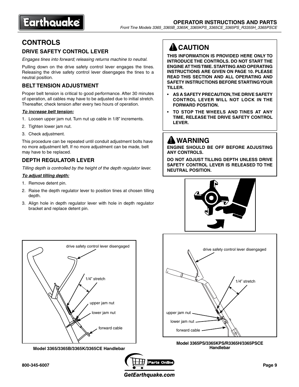 Controls, Warning, Caution | EarthQuake 3365PSCE User Manual | Page 9 / 28