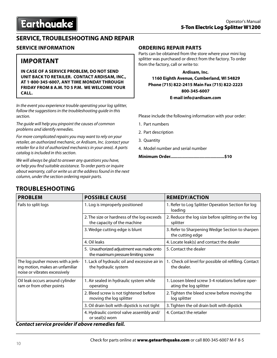 Important | EarthQuake Earthquate 5-Ton Electric Log Splitter W1200 User Manual | Page 10 / 16