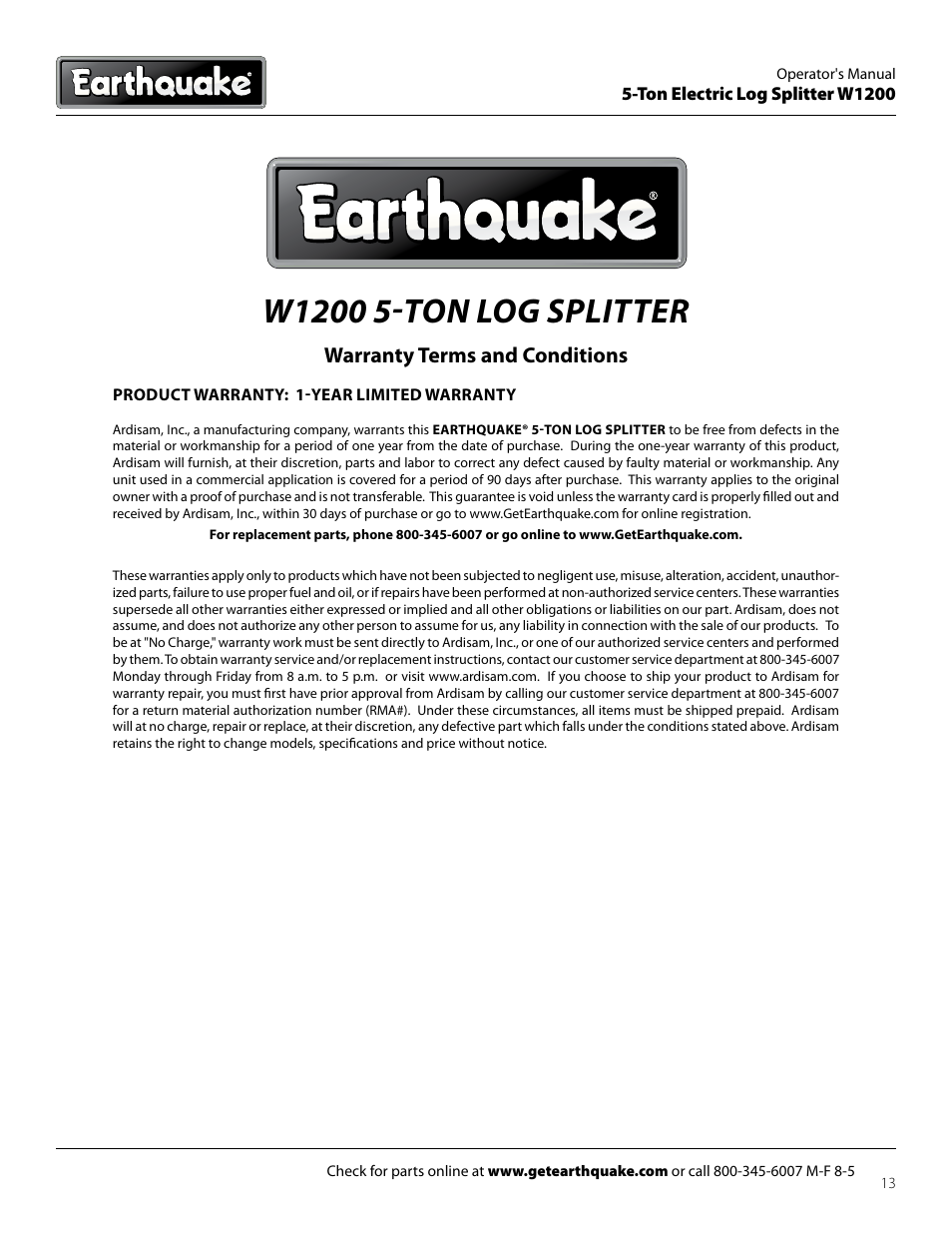 Warranty terms and conditions | EarthQuake Earthquate 5-Ton Electric Log Splitter W1200 User Manual | Page 13 / 16