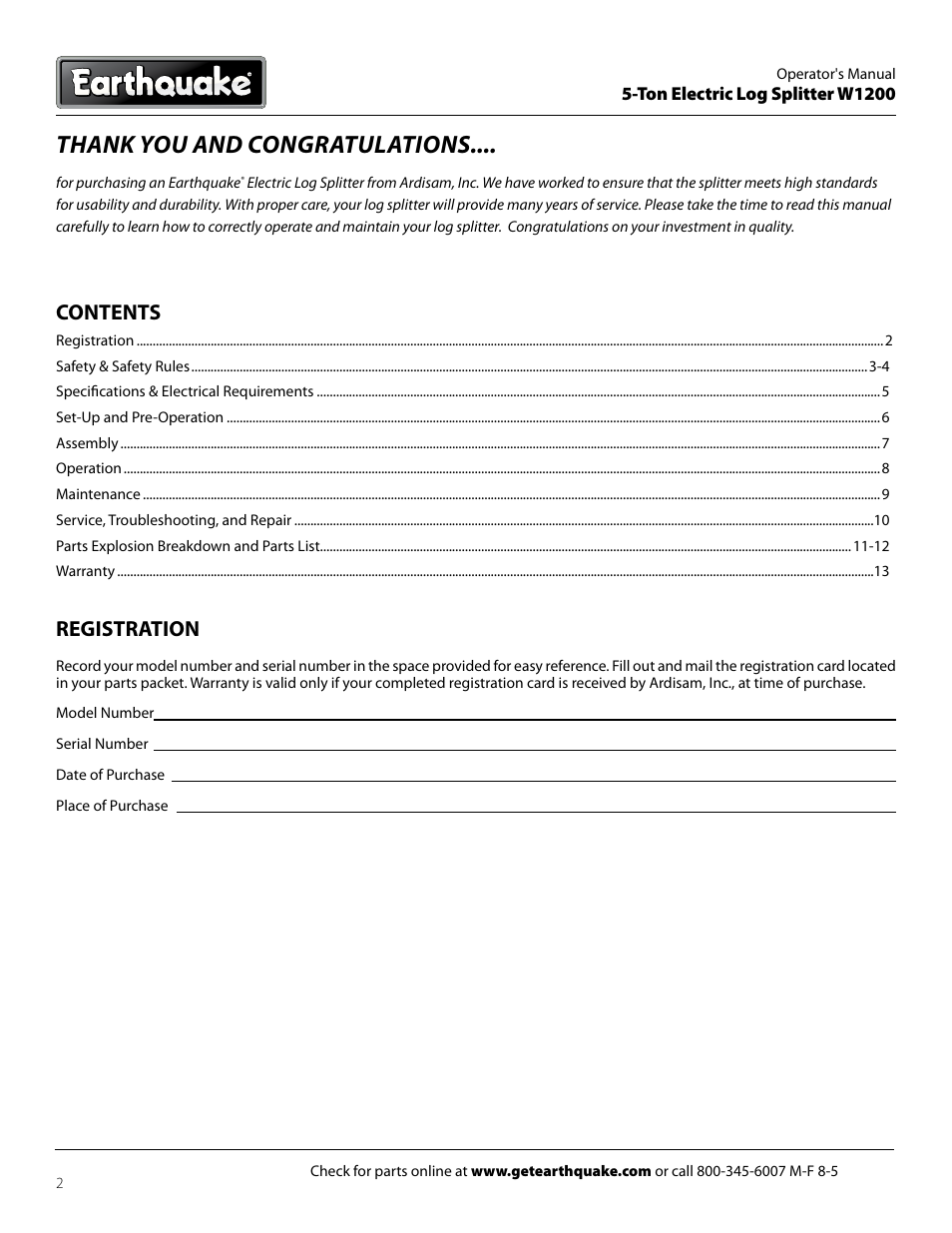 EarthQuake Earthquate 5-Ton Electric Log Splitter W1200 User Manual | Page 2 / 16
