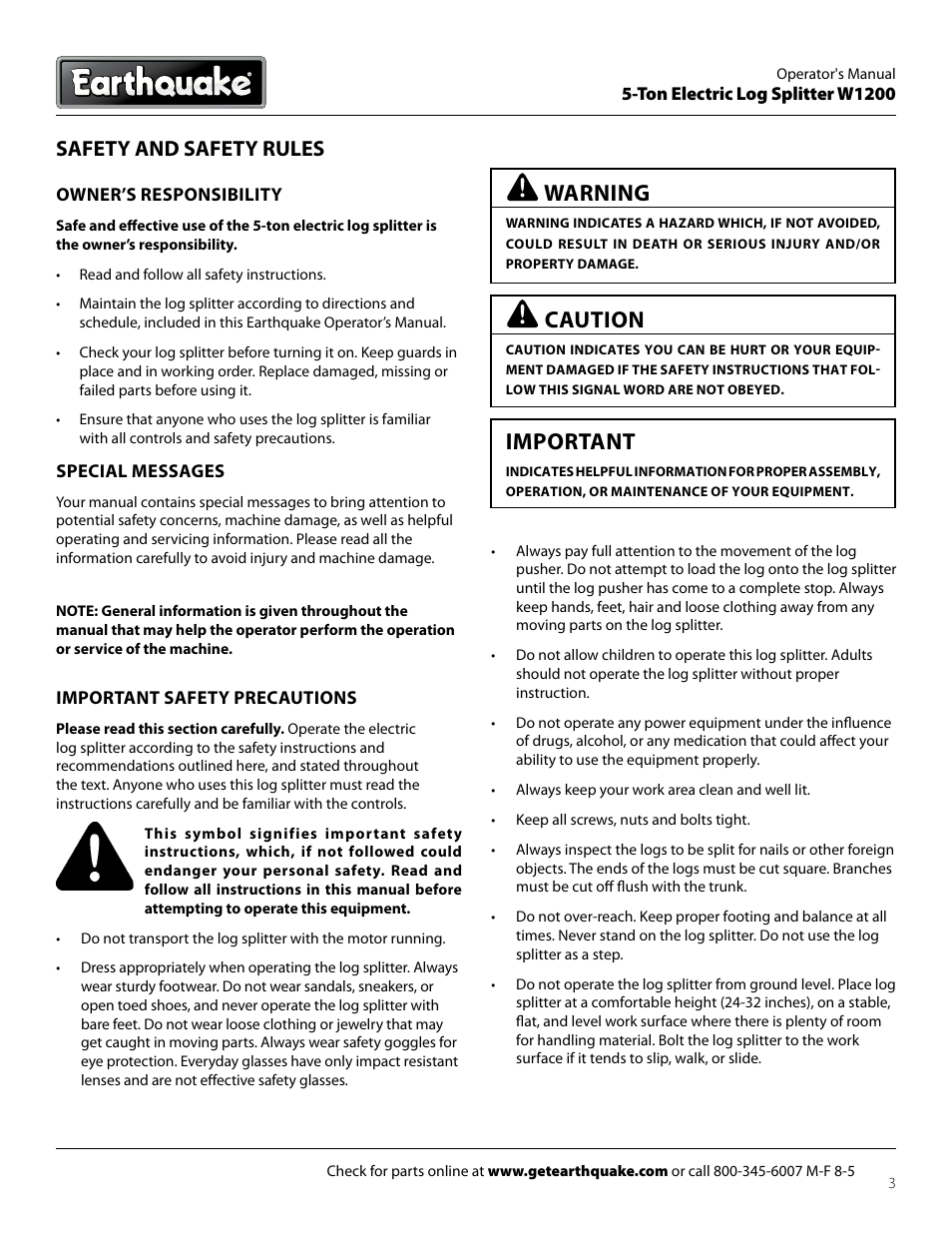 Warning, Caution, Important | Safety and safety rules | EarthQuake Earthquate 5-Ton Electric Log Splitter W1200 User Manual | Page 3 / 16