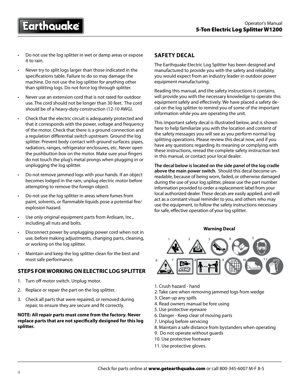 Ton electric log splitter w1200, Safety decal, Steps for working on electric log splitter | EarthQuake Earthquate 5-Ton Electric Log Splitter W1200 User Manual | Page 4 / 16