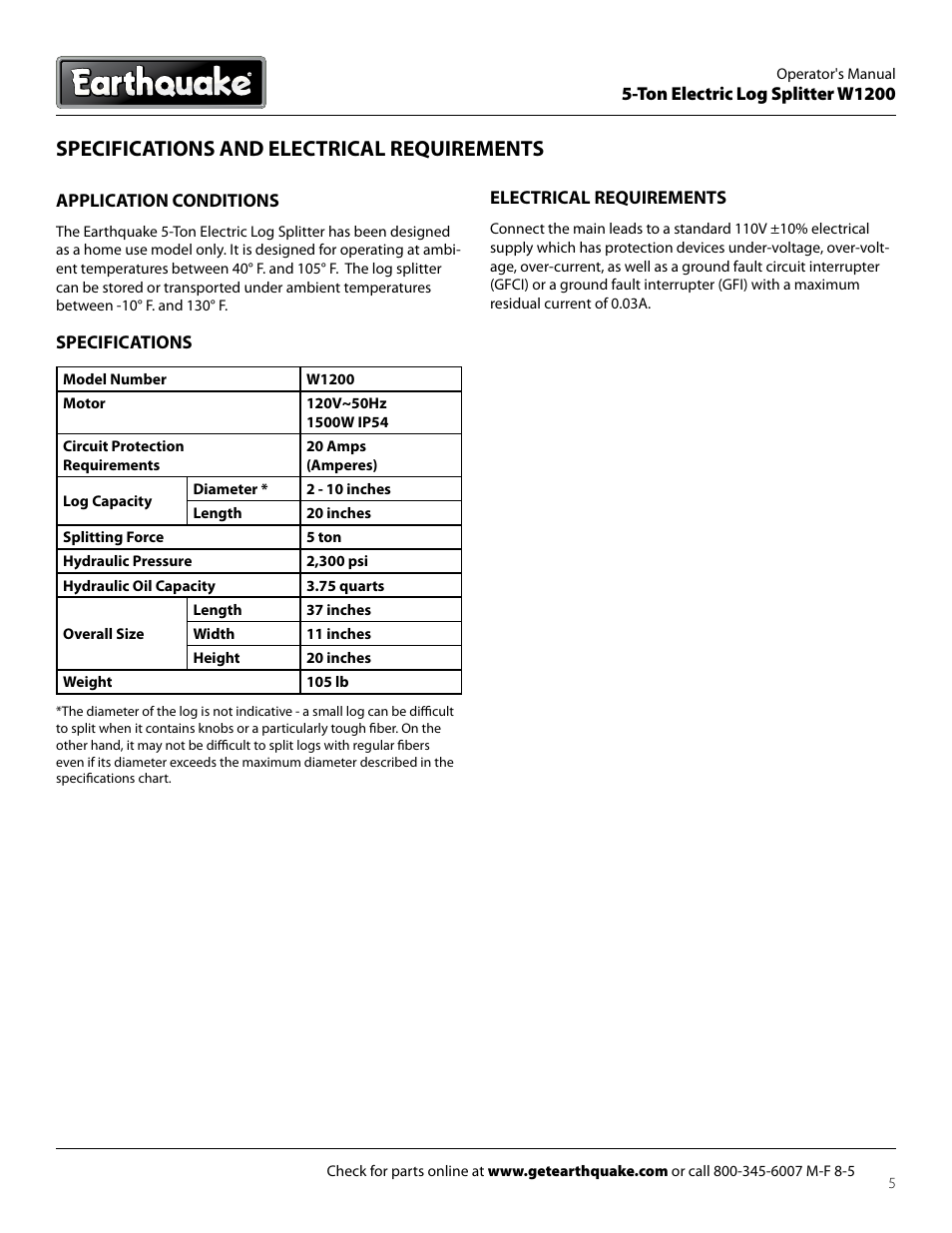 Specifications and electrical requirements | EarthQuake Earthquate 5-Ton Electric Log Splitter W1200 User Manual | Page 5 / 16