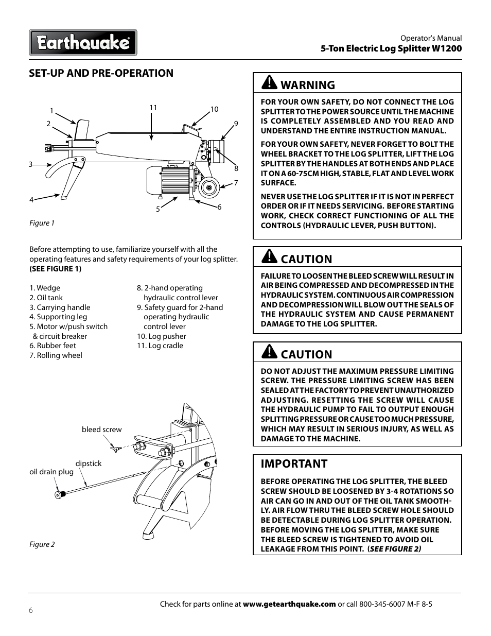 Warning, Important, Caution | Set-up and pre-operation, Ton electric log splitter w1200 | EarthQuake Earthquate 5-Ton Electric Log Splitter W1200 User Manual | Page 6 / 16
