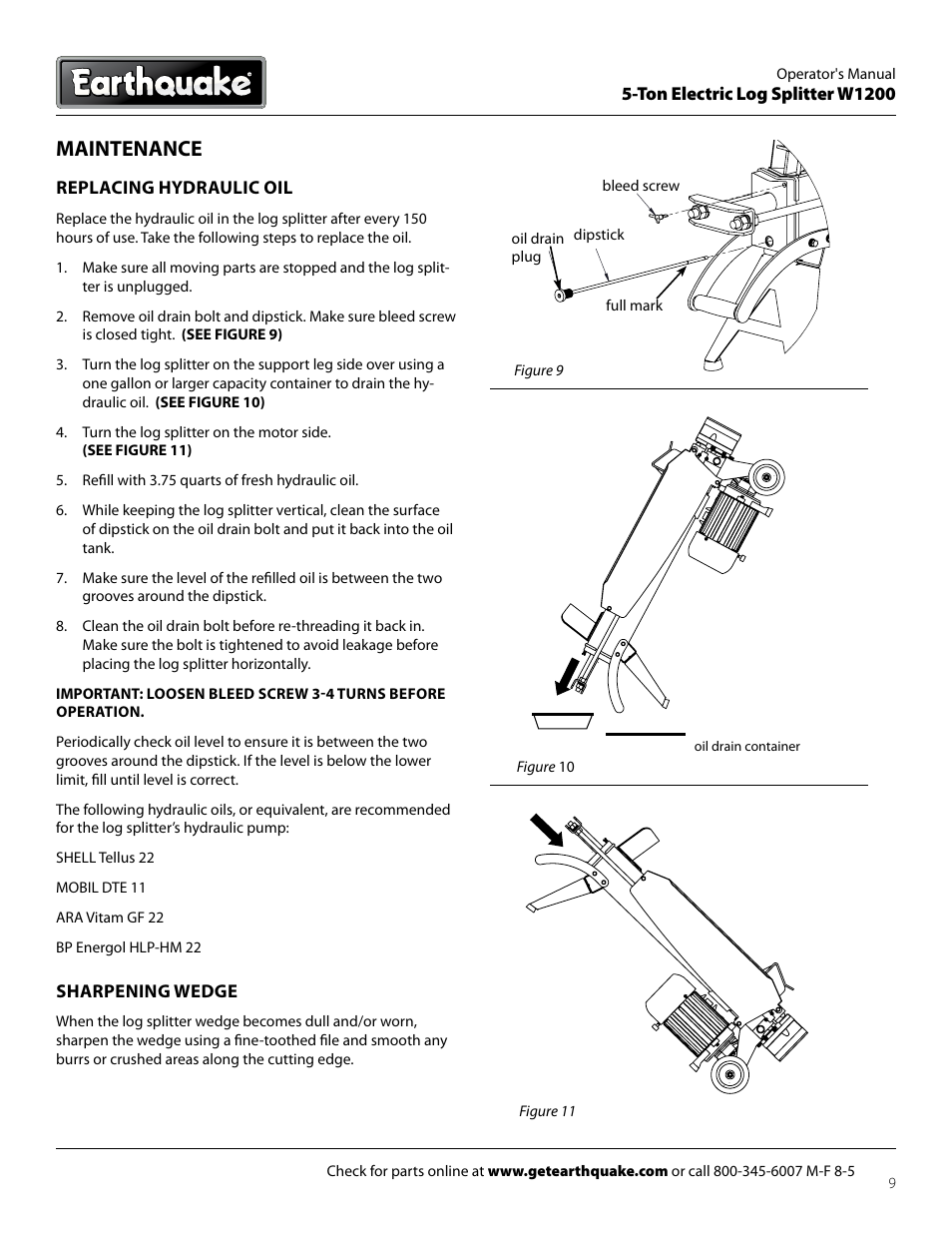 Maintenance | EarthQuake Earthquate 5-Ton Electric Log Splitter W1200 User Manual | Page 9 / 16