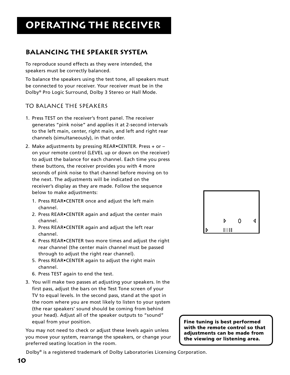 Operating the receiver, 10 balancing the speaker system | Electrohome RV-3798 User Manual | Page 12 / 60