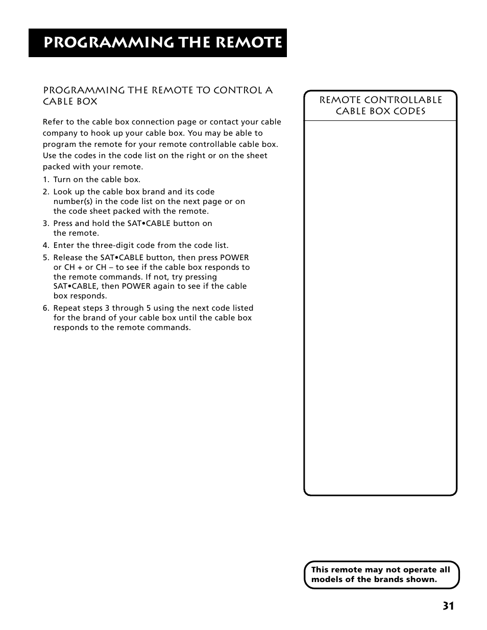 Programming the remote, Remote controllable cable box codes, Programming the remote to control a cable box | Electrohome RV-3798 User Manual | Page 33 / 60