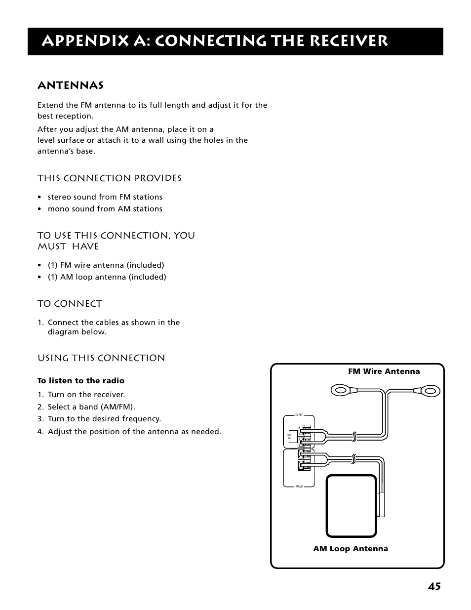 Appendix a: connecting the receiver, Antennas | Electrohome RV-3798 User Manual | Page 47 / 60