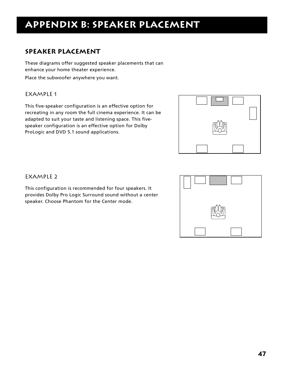 Appendix b: speaker placement, Speaker placement, Example 1 | Example 2 | Electrohome RV-3798 User Manual | Page 49 / 60