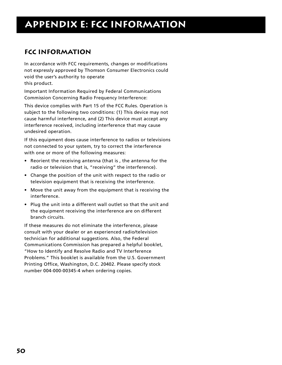 Appendix e: fcc information, Fcc information | Electrohome RV-3798 User Manual | Page 52 / 60