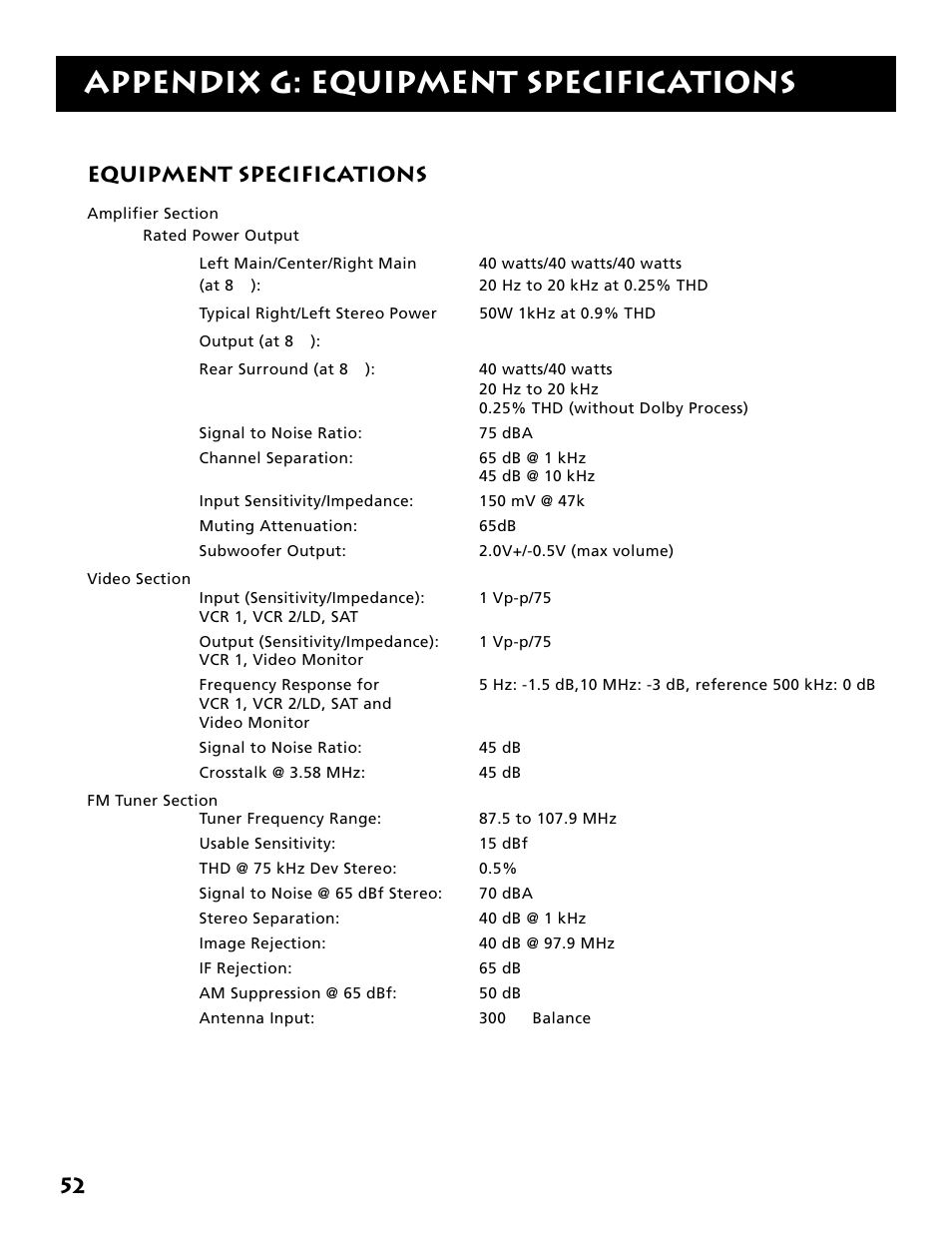 Appendix g: equipment specifications, Equipment specifications | Electrohome RV-3798 User Manual | Page 54 / 60