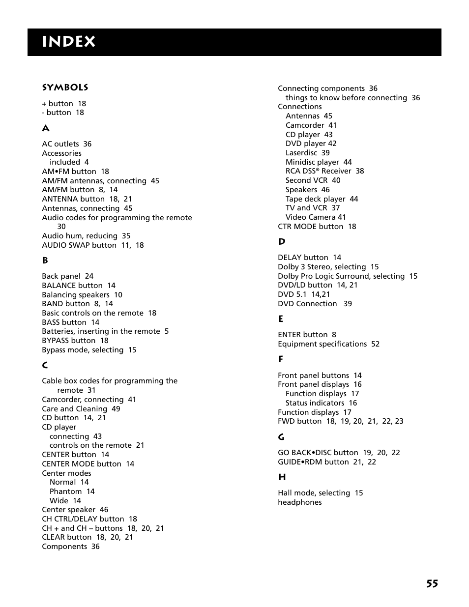 Index | Electrohome RV-3798 User Manual | Page 57 / 60