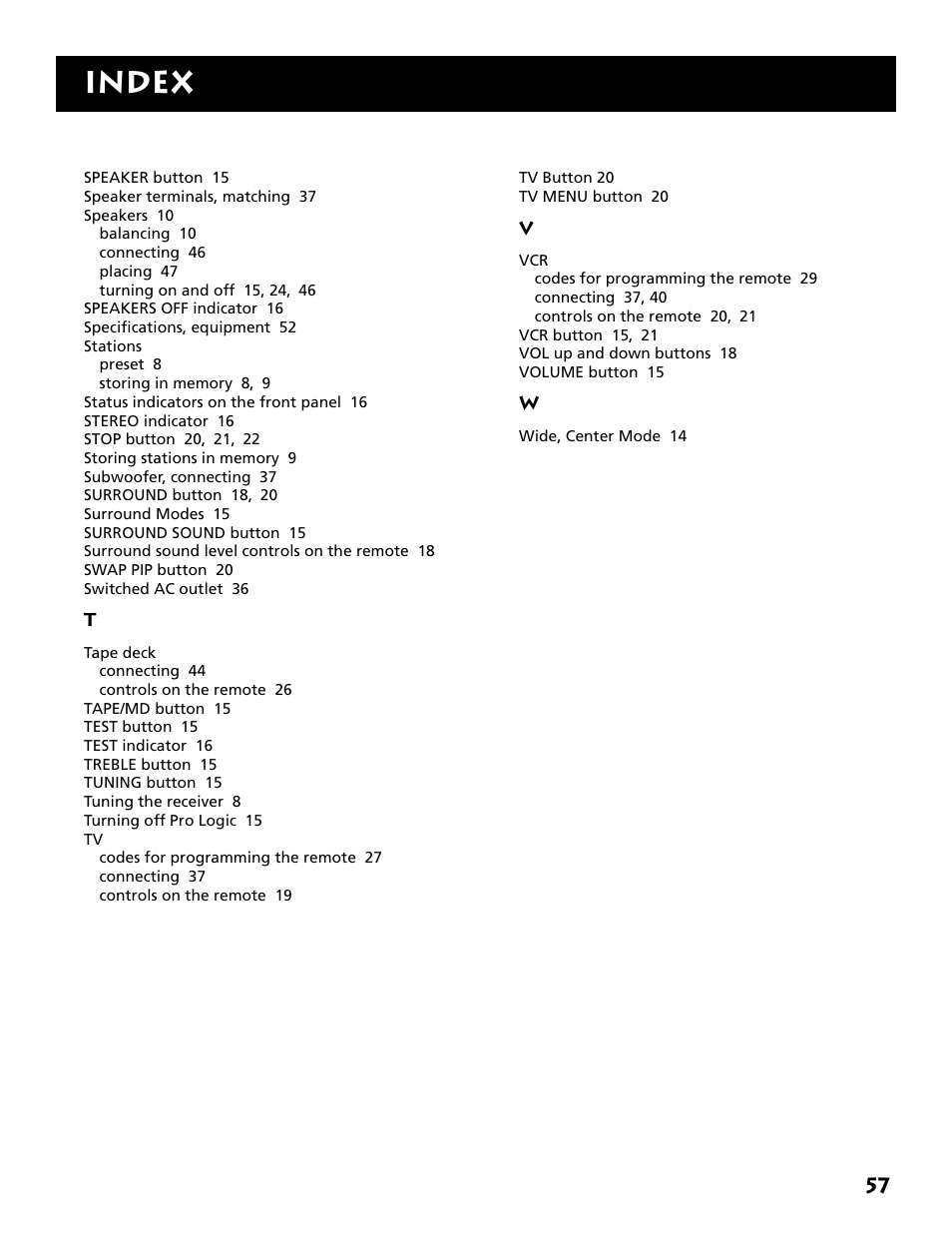 Index | Electrohome RV-3798 User Manual | Page 59 / 60