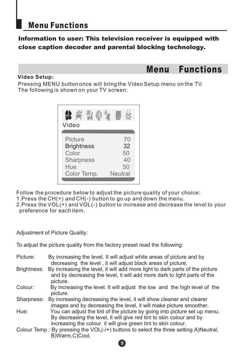 Menu functions | Electrohome 13ED204R User Manual | Page 11 / 32