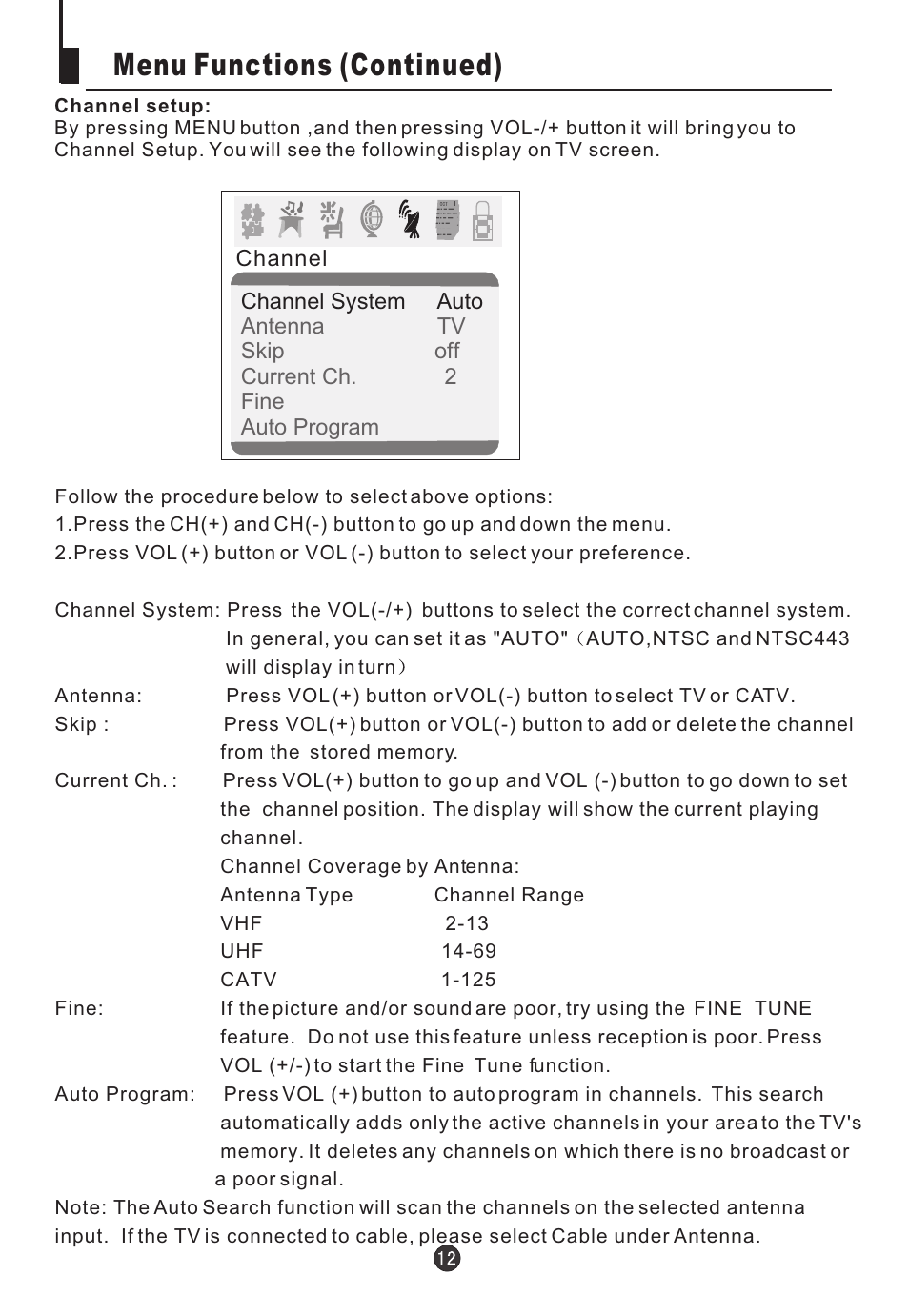 Menu functions (continued) | Electrohome 13ED204R User Manual | Page 14 / 32