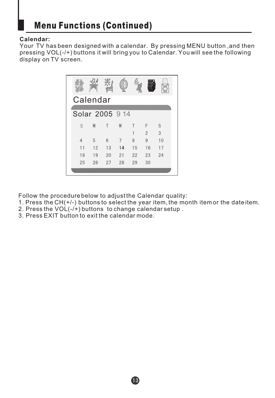 Menu functions (continued), Calendar | Electrohome 13ED204R User Manual | Page 15 / 32