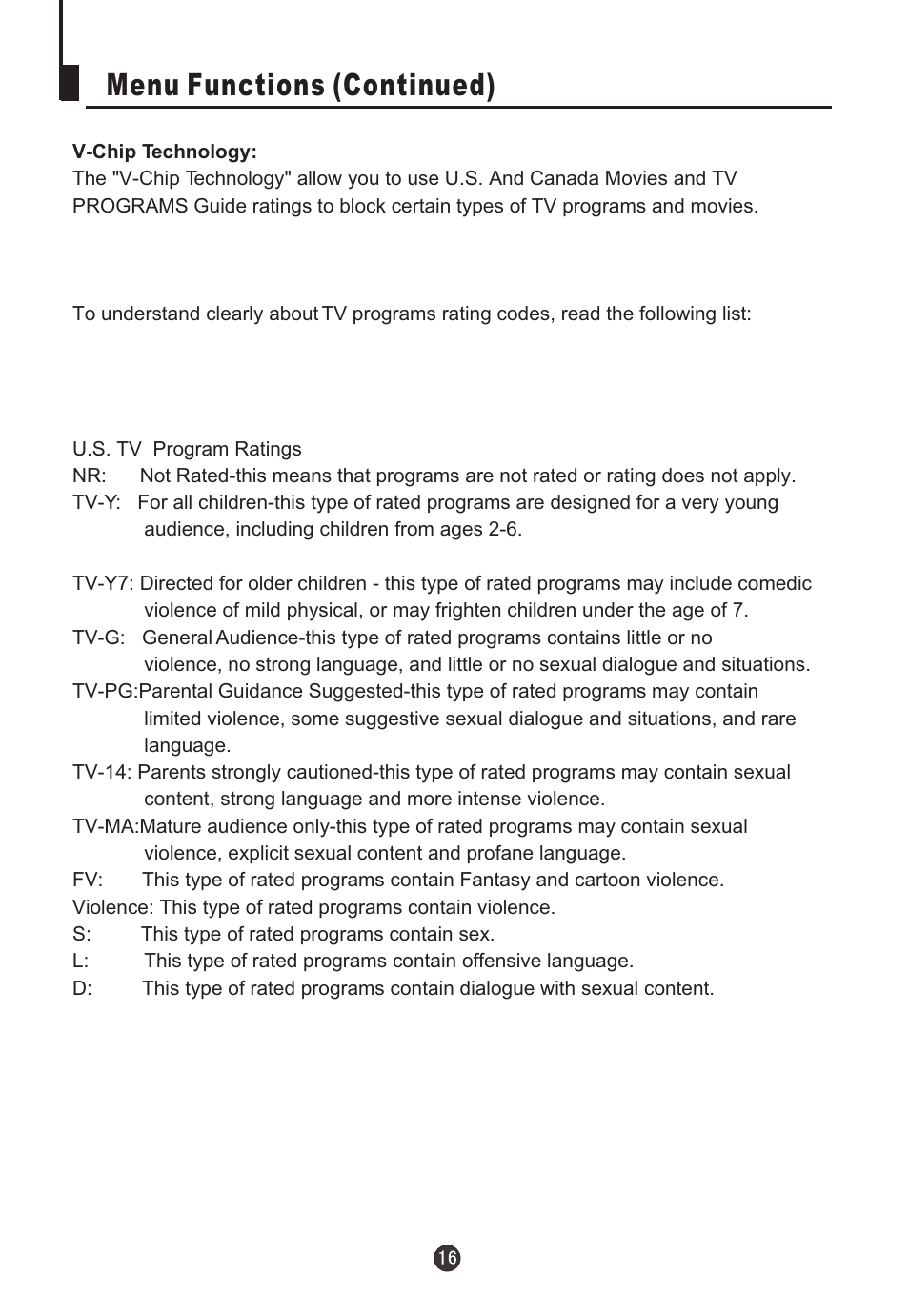 Menu functions (continued) | Electrohome 13ED204R User Manual | Page 18 / 32