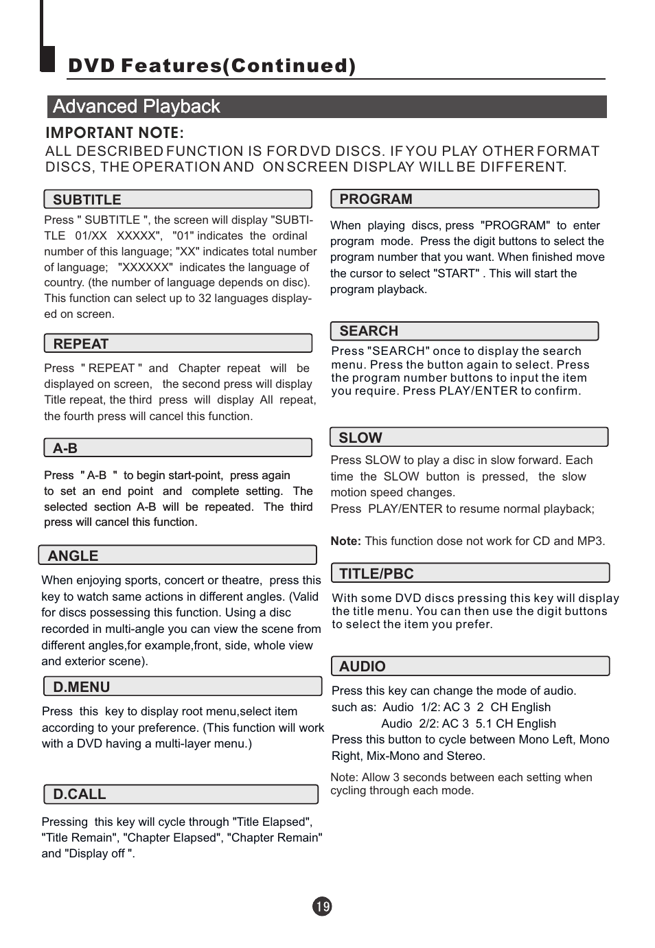 Advanced playback, Dvd features(continued) | Electrohome 13ED204R User Manual | Page 21 / 32