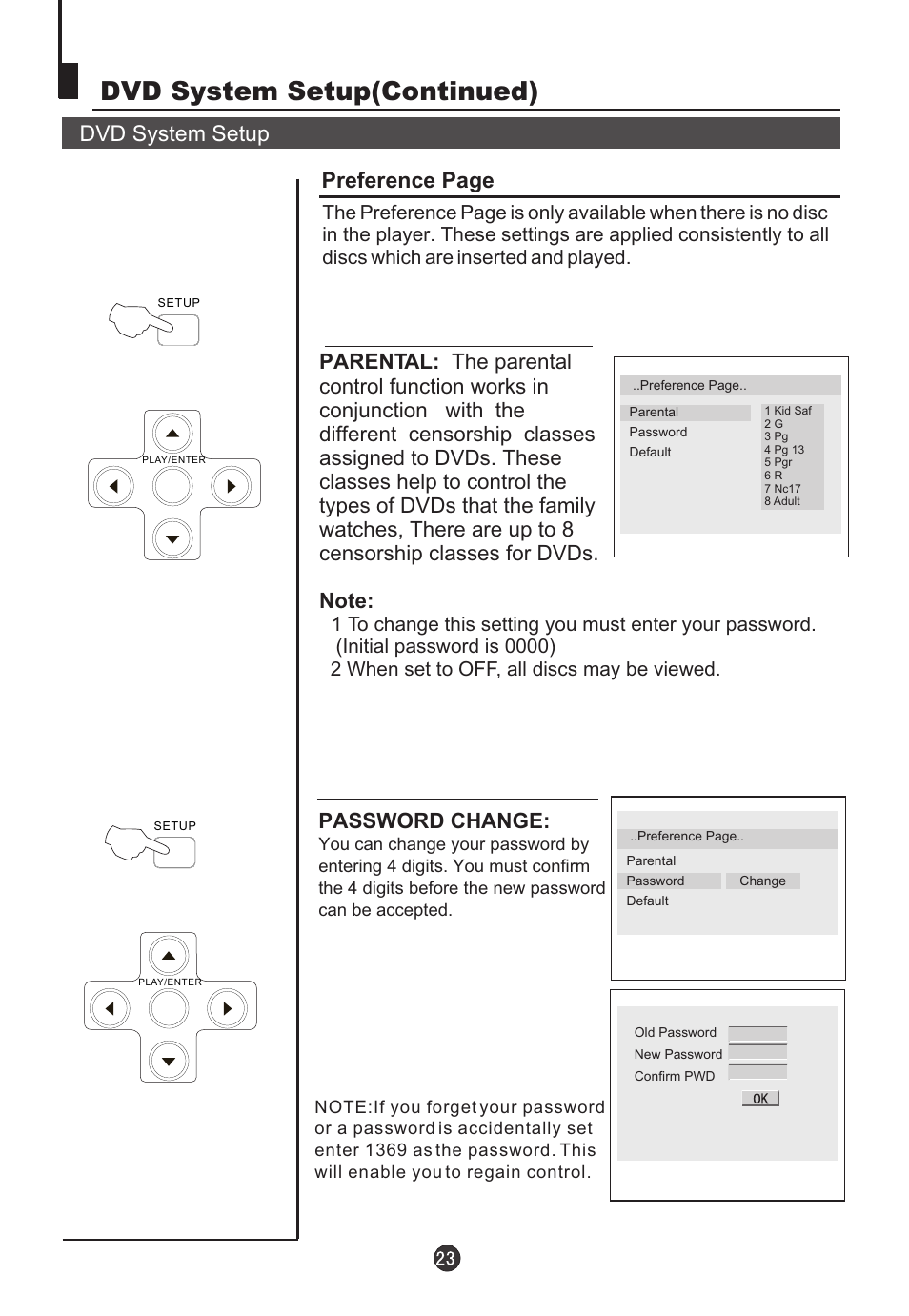 Dvd system setup(continued), Dvd system setup, Preference page | Password change | Electrohome 13ED204R User Manual | Page 25 / 32