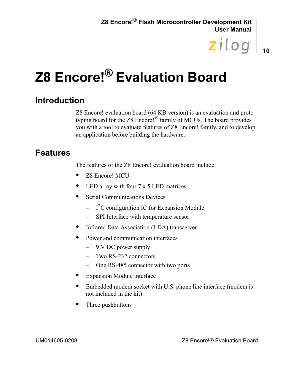 Z8 encore!® evaluation board, Introduction, Features | Z8 encore, Introduction features, Evaluation board | Encore electronic Zilog Z8ENCORE000ZCO User Manual | Page 14 / 43