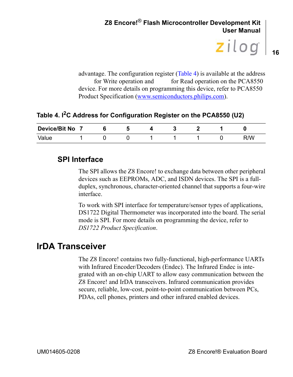 Spi interface, Irda transceiver, Table 4 | Describe how to address ea | Encore electronic Zilog Z8ENCORE000ZCO User Manual | Page 20 / 43