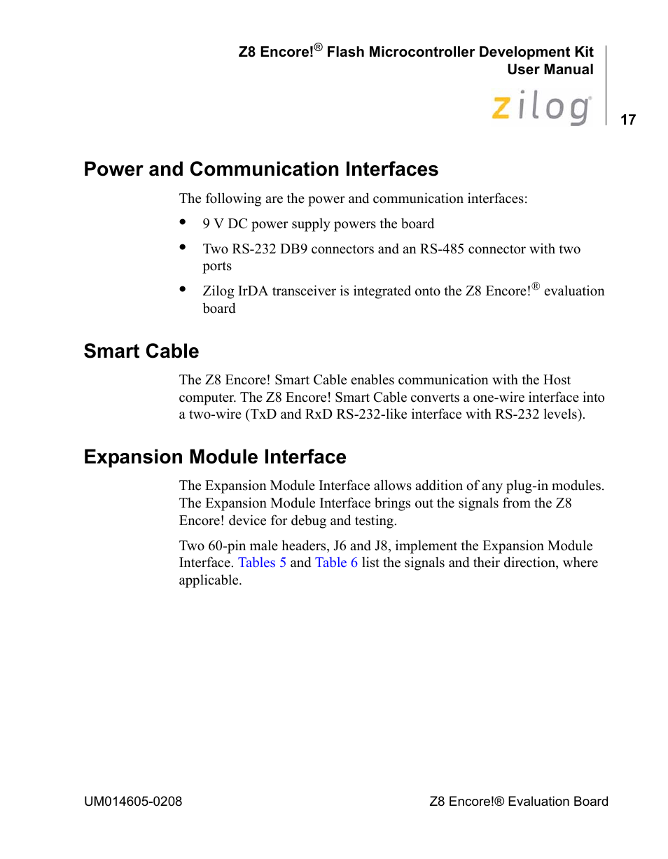 Power and communication interfaces, Smart cable, Expansion module interface | Encore electronic Zilog Z8ENCORE000ZCO User Manual | Page 21 / 43