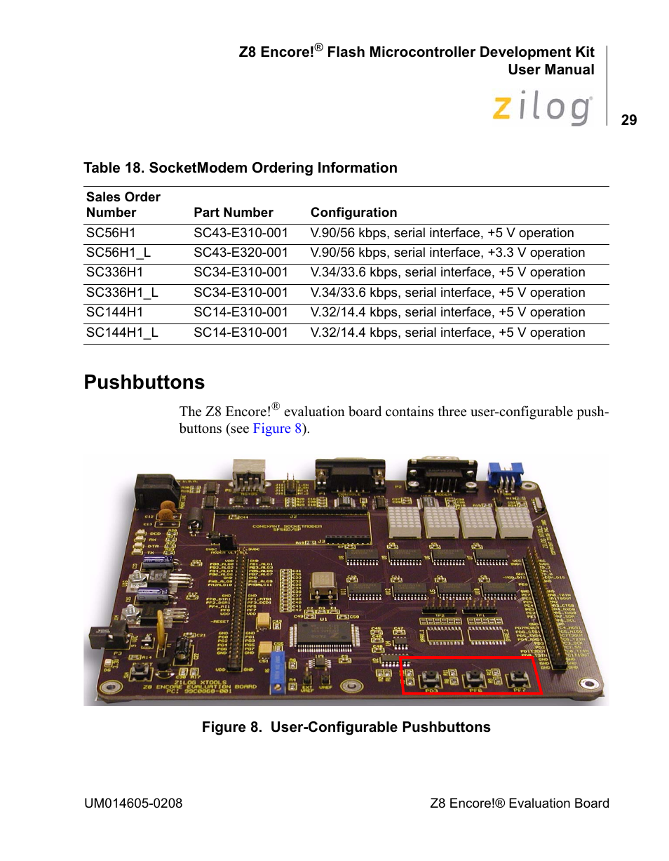 Pushbuttons, Table 18, 29 lists ordering information for th | Encore electronic Zilog Z8ENCORE000ZCO User Manual | Page 33 / 43
