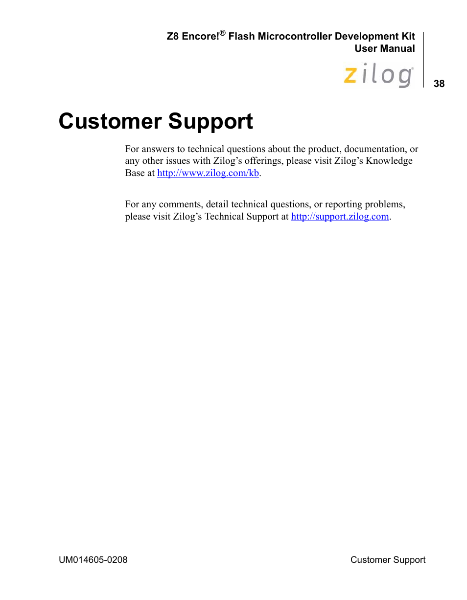Customer support | Encore electronic Zilog Z8ENCORE000ZCO User Manual | Page 42 / 43