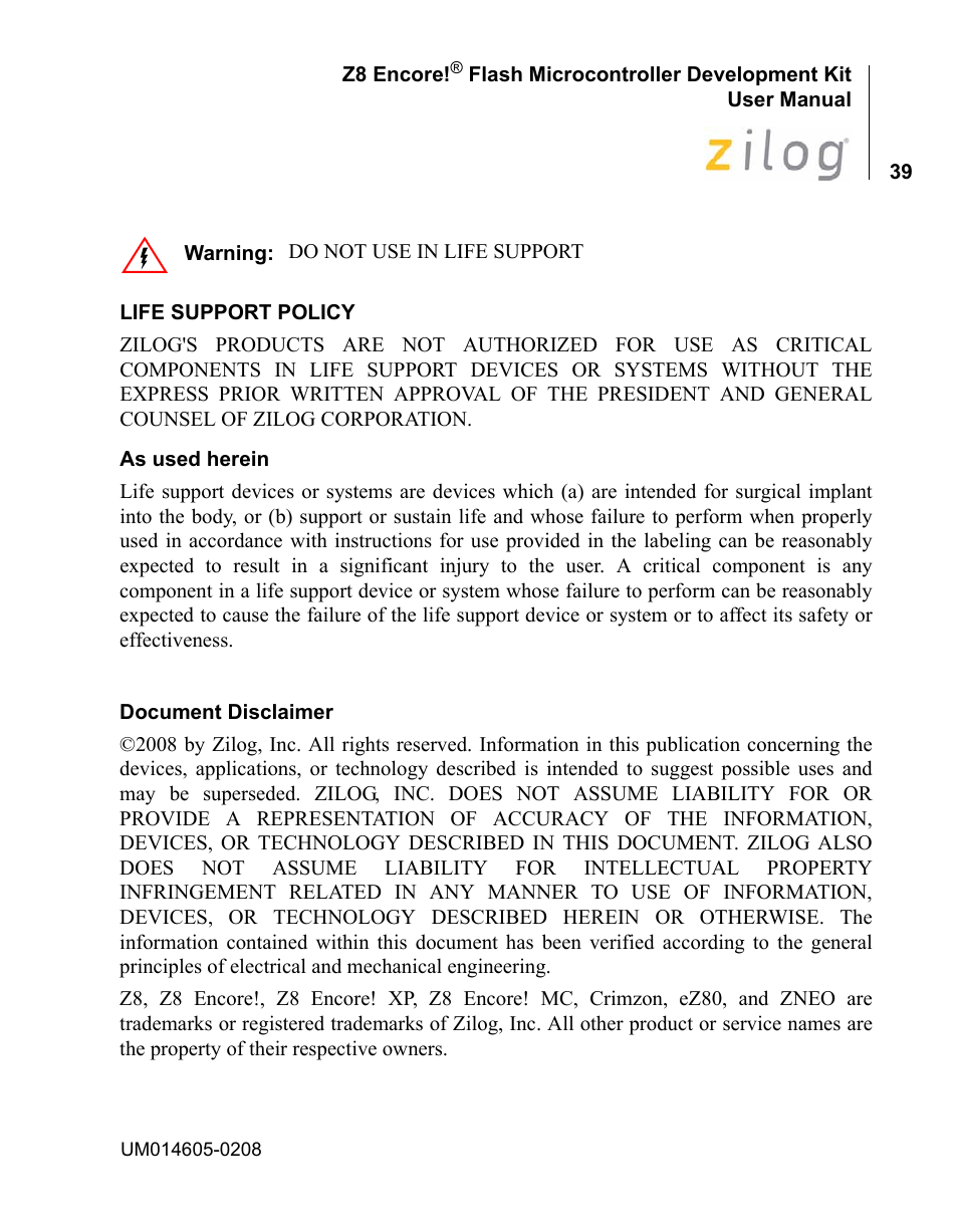 Encore electronic Zilog Z8ENCORE000ZCO User Manual | Page 43 / 43