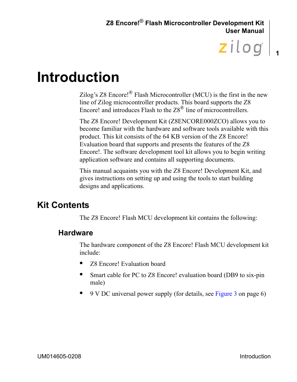 Introduction, Kit contents, Hardware | Encore electronic Zilog Z8ENCORE000ZCO User Manual | Page 5 / 43