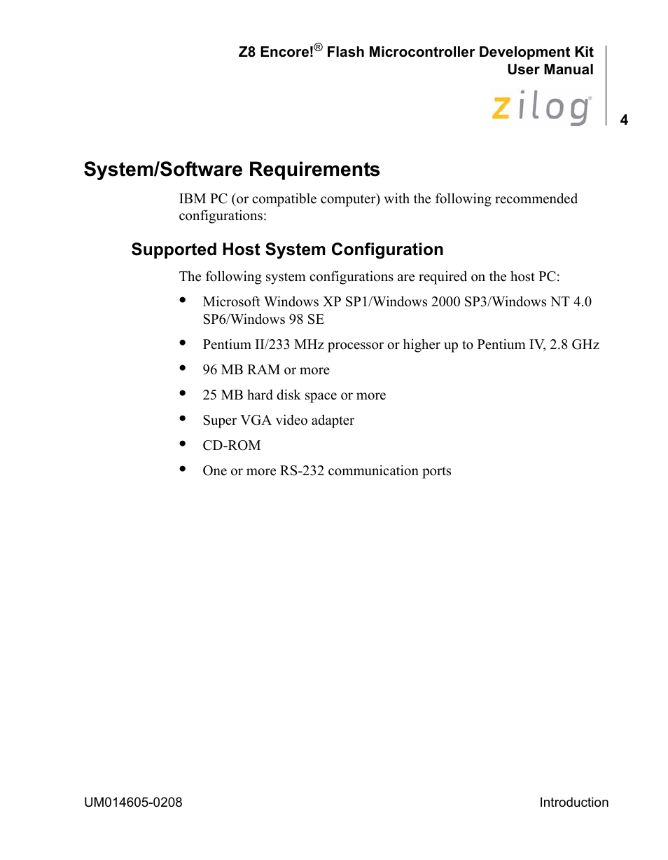 System/software requirements, Supported host system configuration | Encore electronic Zilog Z8ENCORE000ZCO User Manual | Page 8 / 43