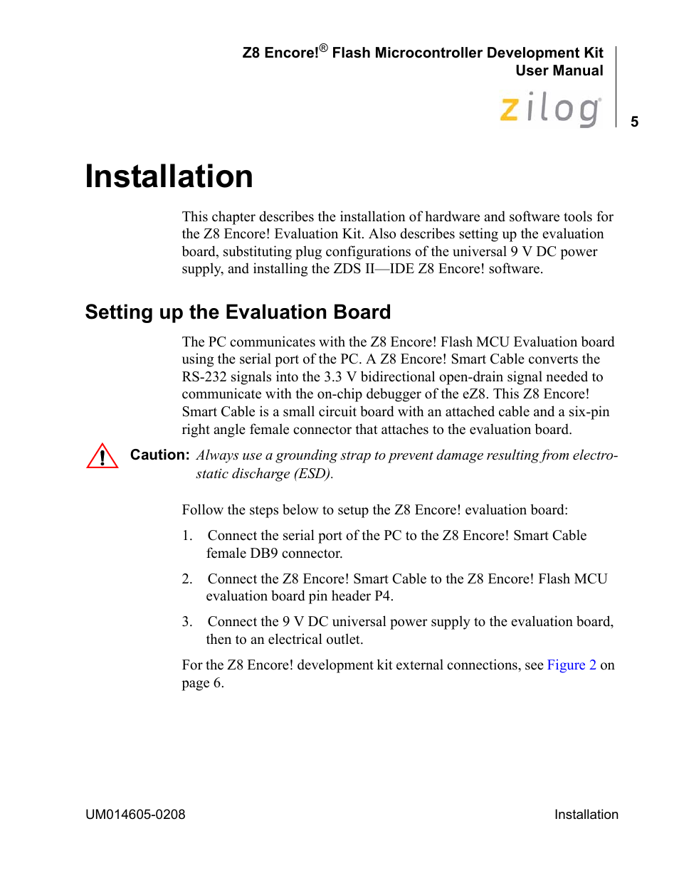 Installation, Setting up the evaluation board | Encore electronic Zilog Z8ENCORE000ZCO User Manual | Page 9 / 43