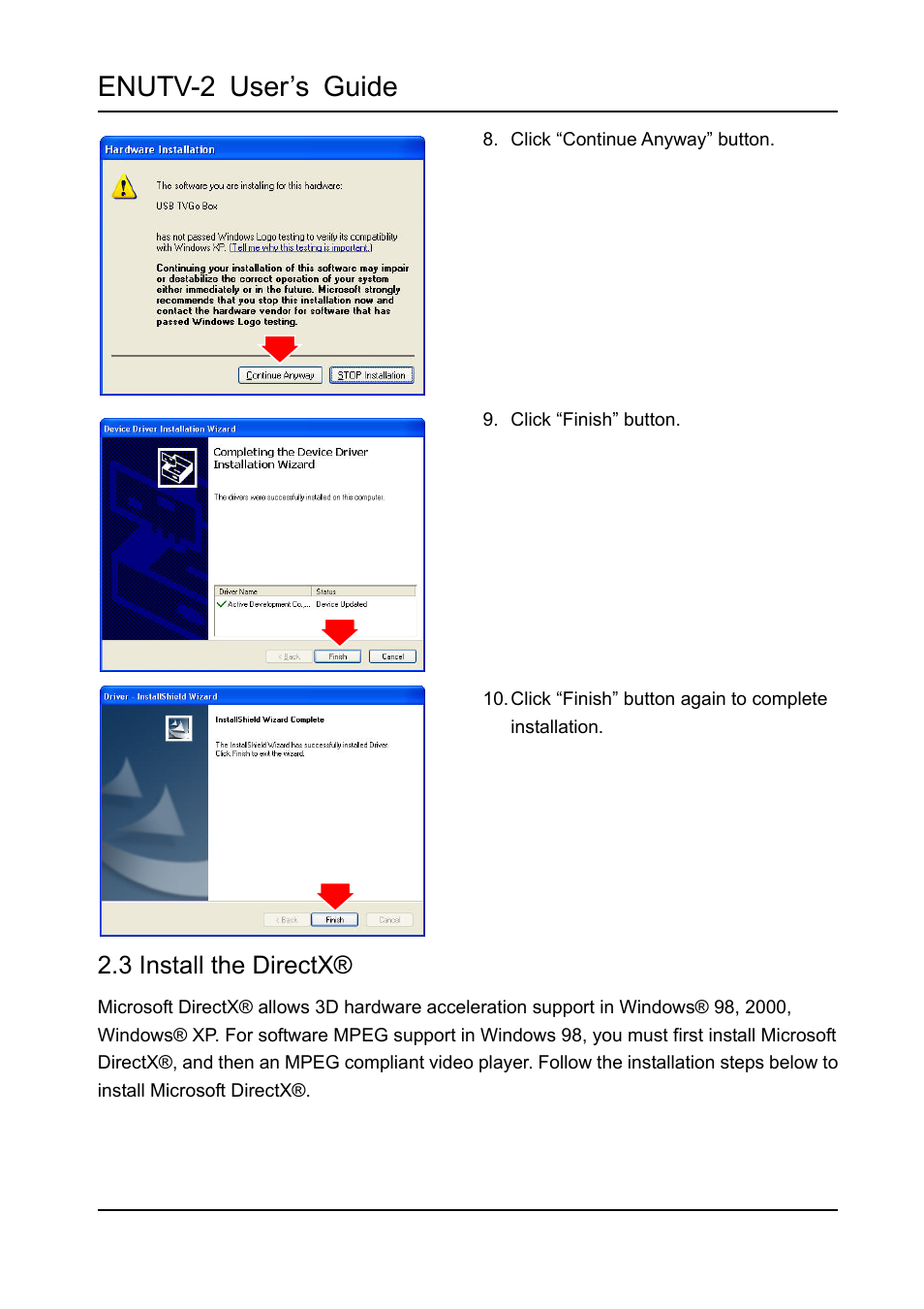 3 install the directx, Enutv-2 user’s guide | Encore electronic ENUTV-2 User Manual | Page 7 / 21