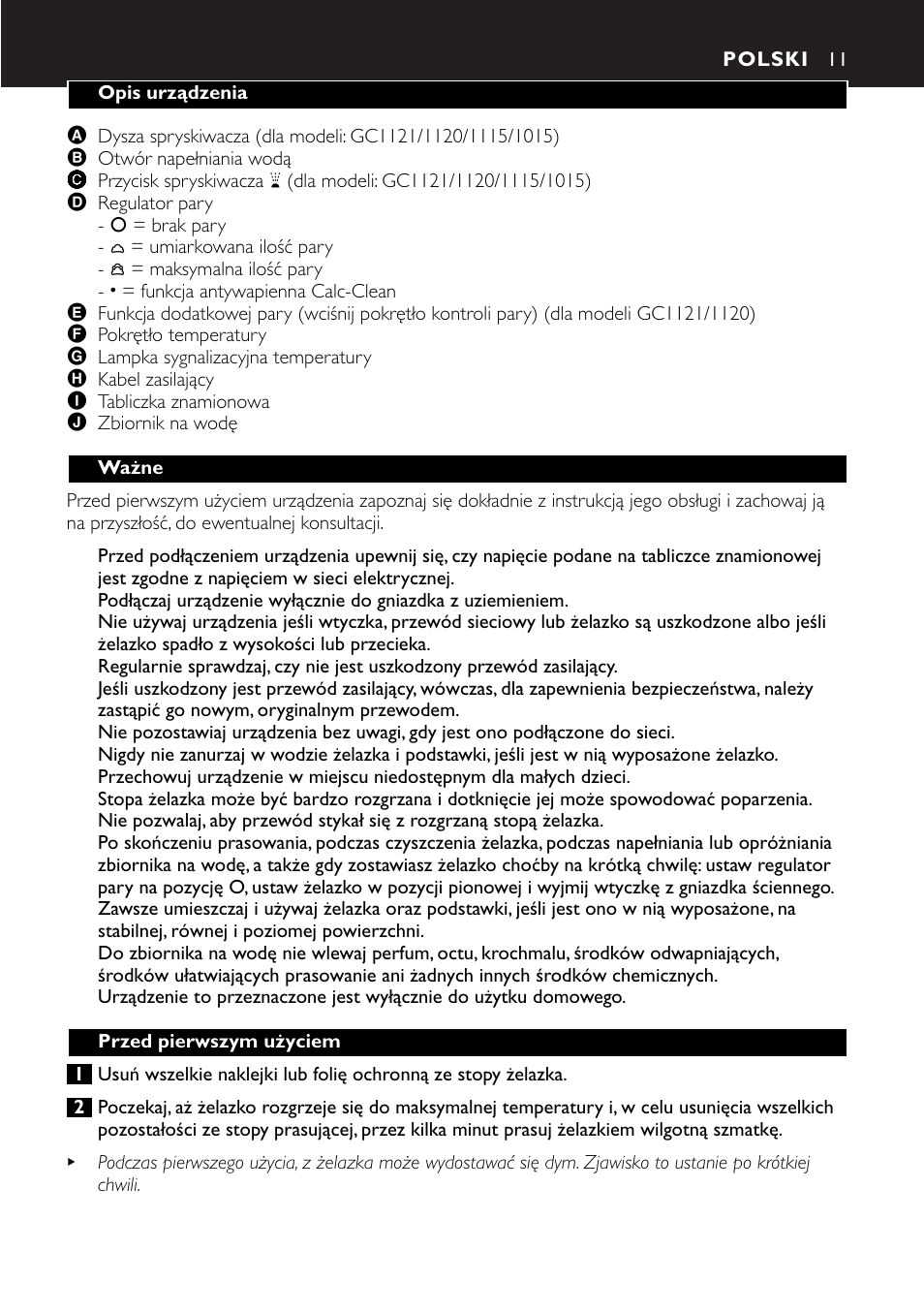 Polski 11 | Philips GC1010 User Manual | Page 11 / 92