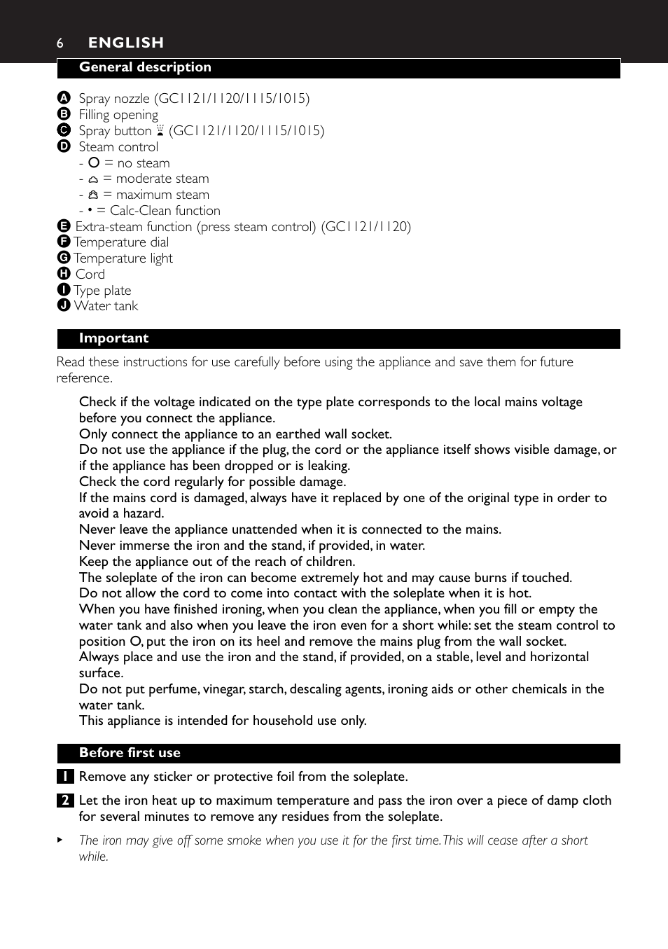 English 6 | Philips GC1010 User Manual | Page 6 / 92