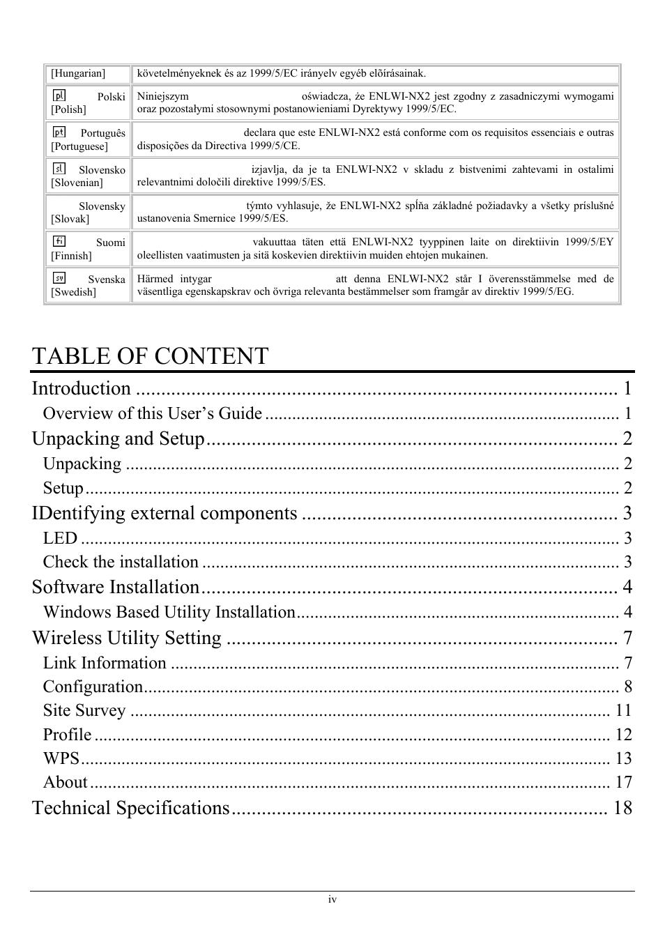 Table of content, Introduction, Unpacking and setup | Identifying external components, Software installation, Wireless utility setting, Technical specifications, Overview of this user’s guide, Unpacking, Setup | Encore electronic ENLWI-NX2 User Manual | Page 4 / 22
